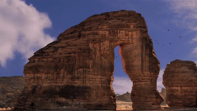 Elephant Rock in Al Ula, Madinah, near Madain Saleh, Saudi Arabia (KSA) Saudi Arabia. Unesco World Heritage site, a landscape of sand, rocks, canyon and and tombs. Near to Hegra and main tourist site
