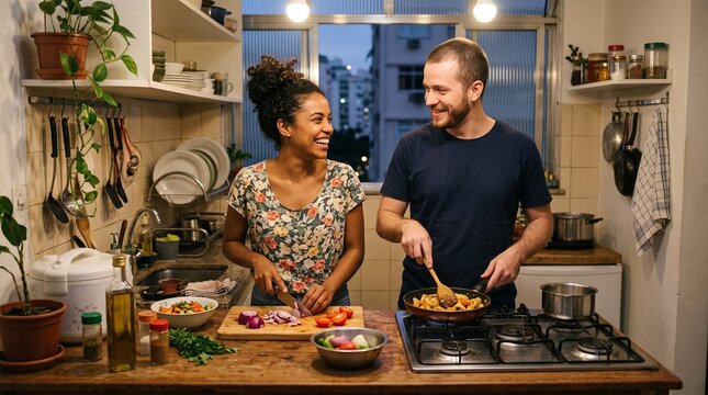 Casal preparando jantar simples em cozinha dom&eacute;stica, momento descontra&iacute;do fotografado naturalmente para campanhas de alimenta&ccedil;&atilde;o, relacionamento, casa e estilo de vida contempor&acirc;neo