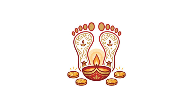 Lakshmi Charan Paduka with Diya oil lamp and gold coins for Diwali festival celebration vector illustration