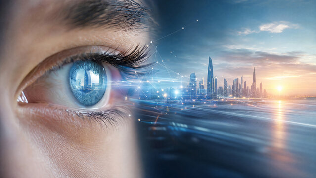Extreme close-up of eye with digital network projection looking at futuristic city skyline. Future vision, virtual reality, and advanced technology concept.