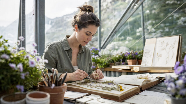 Female botanist cataloging pressed alpine flora specimens in sunlit greenhouse. Botanical research, flora documentation, and plant conservation concept.