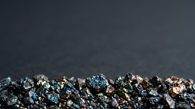 Crushed copper slag texture with metallic fragments and dark copy
