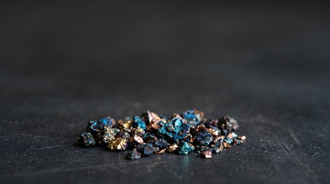 Crushed copper slag macro texture with metallic blue and bronze