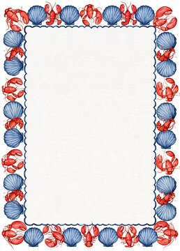 Watercolor lobster and seashell border frame with central copy space for nautical invitations
