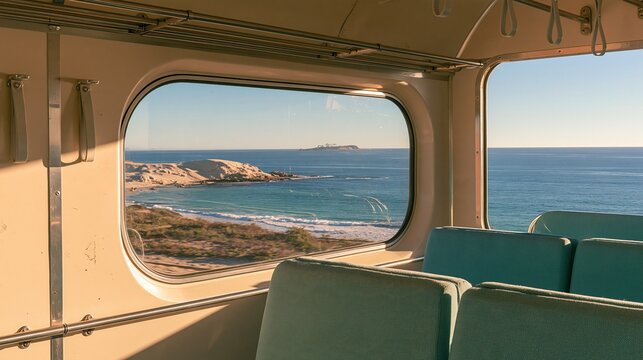 Empty coastal sightseeing train interior with view of ocean and beach through large windows