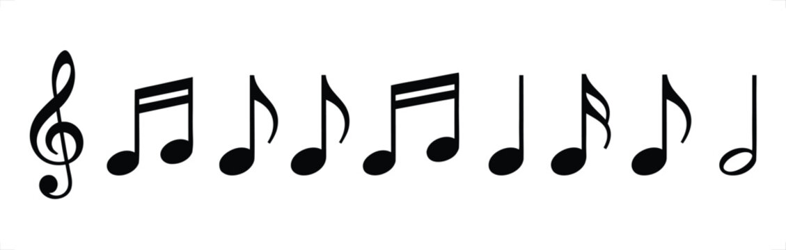 Musical notes collection, 9 black vector music symbols and treble clef icon set, minimalist musical notation elements for song composition and sound