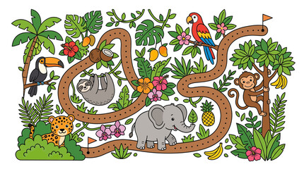Obraz premium Jungle Maze Game with Cute Animals and Tropical Plants