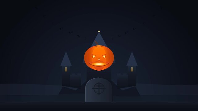 Premium 4K Halloween motion graphic loop featuring a heavy carved Jack-o'-Lantern dropping with kinetic shockwave impact onto an ancient tombstone altar. Shockwave awakens a gothic fortress triggering