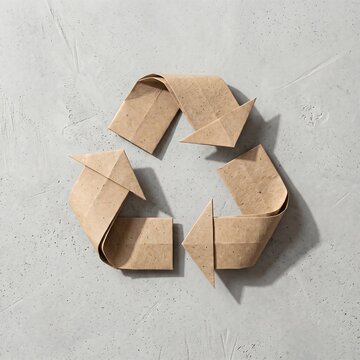 Recycling symbol made of folded brown kraft paper origami on a textured concrete surface representing sustainability waste reduction and circular economy concepts.