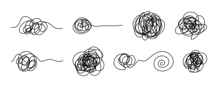 Abstract black tangled line scribbles set isolated on white background. Messy line art vector circles, chaos knots, spiral, and problem solving concept illustration for psychology, design, logo.