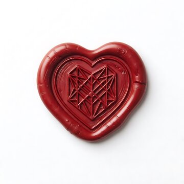 Red wax seal with geometric heart shape pattern isolated on white background