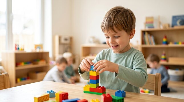 Smiling preschool boy in long-sleeve shirt stacks colorful plastic building blocks at a table in a classroom, with other children and shelves blurred behind