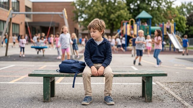 Sad schoolboy sitting alone on a bench in a playground, backpack beside him; other children play near swings and a slide, school building in the distance