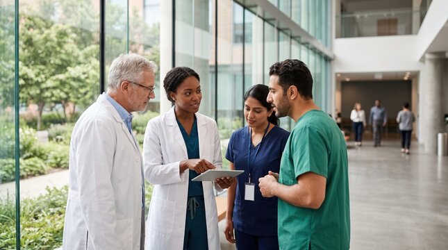 Four healthcare workers in scrubs and lab coats discuss a tablet in a modern hospital hallway with glass walls; two men and two women stand in a small team conversation