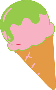 Pink and green ice cream scoop in a waffle cone isolated on white background