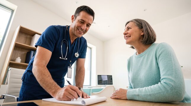 Male nurse in scrubs writes on a clipboard while talking with a smiling older woman seated at a clinic desk; stethoscope and badge visible, bright window light