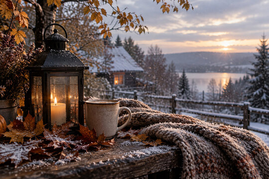 Cozy First Snow in Autumn with Hot Drink, Lantern and Mountain Cabin