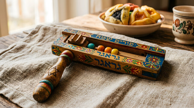A traditional wooden Purim gragger noisemaker resting on a burlap cloth next to hamantaschen pastries