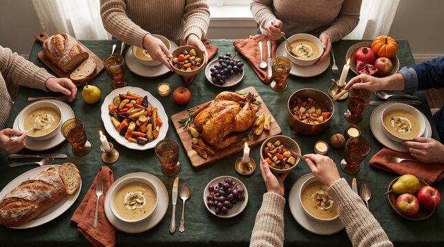 Overhead view of people serving Thanksgiving  roasted poultry with vegetables, soup, bread, and fruit on a table, raising glasses for a festive family meal with candles