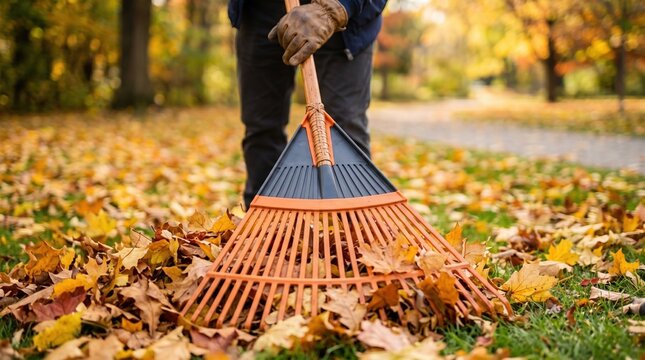 Gloved hands use an orange leaf rake to gather fallen autumn leaves on a grassy yard near a path; lower body in dark pants and jacket is visible among trees