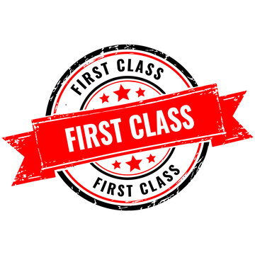 Red first class stamp badge with gold outline and text