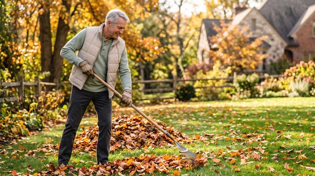 Senior man in quilted vest raking a pile of fallen leaves on a lawn in autumn, smiling in a garden with trees, fence, and a house in warm sunlight