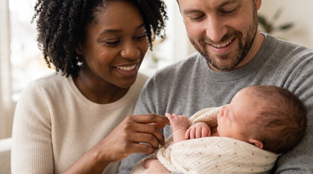 Smiling couple cradling a sleeping newborn baby, parents admiring the infant&rsquo;s tiny hand while sitting close together in a cozy home setting