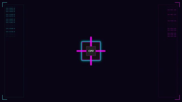 Futuristic CPU microprocessor interface with scrolling data and neon lighting