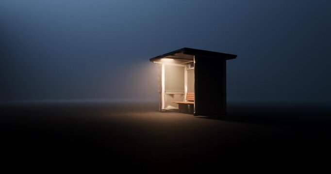 Empty illuminated bus stop shelter standing alone in dark minimalist background