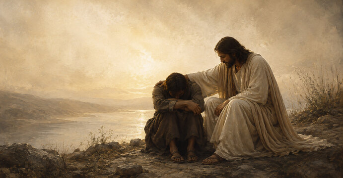 Jesus Comforting a Seated Man Outdoors, Christian Compassion and Hope Concept