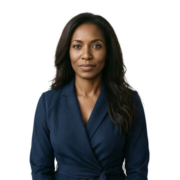 Corporate woman portrait isolated professional 45 year old African female ethics officer wearing navy blue wrap dress on transparent background