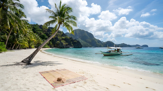 Tropical beach with palm tree and woven mat on white sand