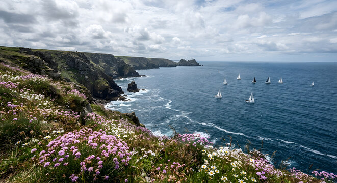 Sailboats sailing along a scenic rocky coastline covered with pink wildflowers