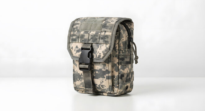 Tactical digital camouflage pouch with buckle clip on white background