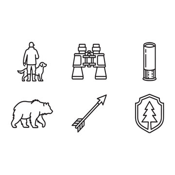 Minimalist hunting and outdoor adventure line icon set featuring a hunter with dog binoculars shotgun shell wild bear arrow and forest shield emblem
