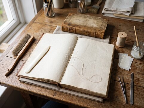 Book conservation tools beside a volume being restored