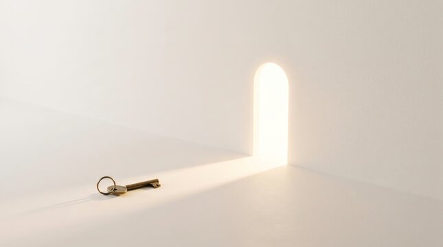 Key lies on a white floor before an illuminated arched doorway that represents a metaphor for new opportunities and hidden potential in a minimalist architectural space.