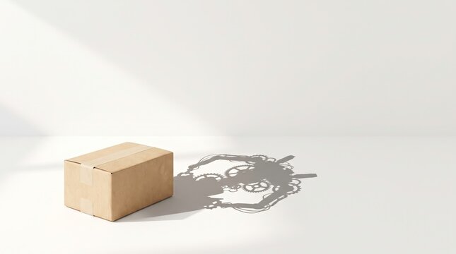 Cardboard box sits on a flat surface while casting a whimsical shadow shaped like a person dancing.