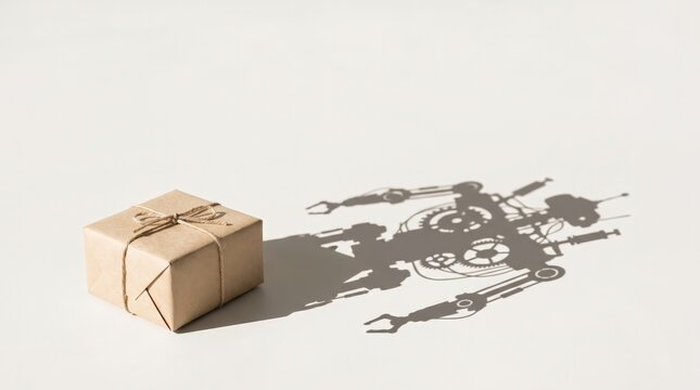 Brown paper parcel tied with string casts a distinct shadow that resembles a complex mechanical robot.