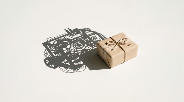 Gift box wrapped in brown paper rests on a surface while casting a complex shadow of an intricate mechanical engine gear system.