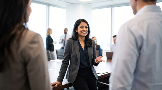 Manager communicating with team during professional office meeting, smiling woman leading workplace discussion with colleagues in bright modern conference room