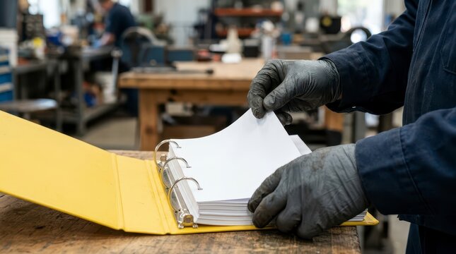 Worker Reading Blank Binder With Documents While Wearing Gloves in Industrial Workshop Environment