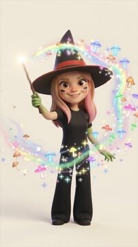 Cute little witch waving magic wand and disappearing in puff of smoke, animated cartoon character
