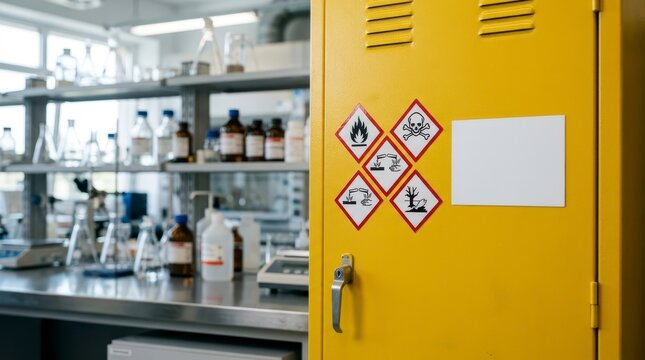 Yellow Chemical Storage Cabinet with Hazard Signs in a Laboratory Research Environment