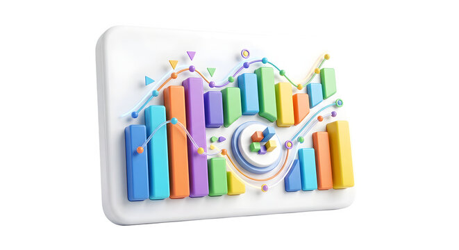 3D financial dashboard featuring multiple colorful bar charts and intersecting line graphs