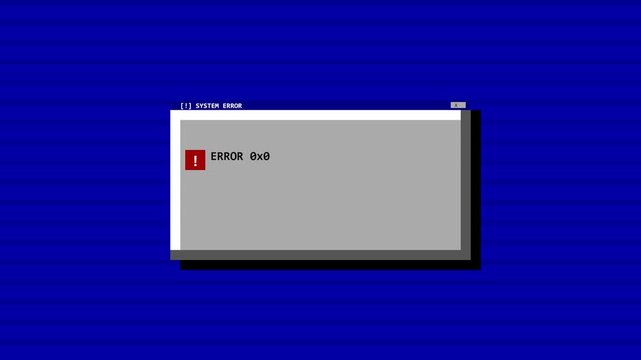 Retro computer system error window with glitch on blue background