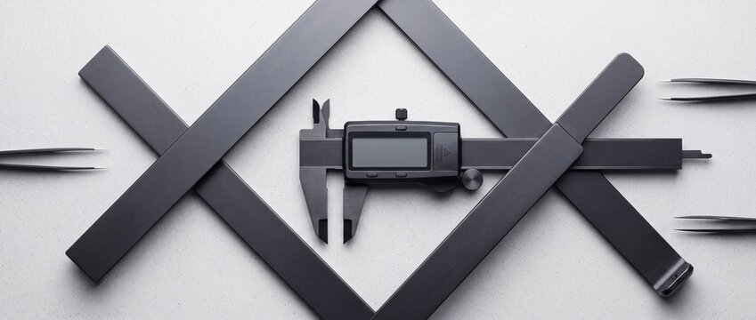 Digital electronic calipers centered within intersecting metallic bars with various professional tweezers for accurate measurement tasks.