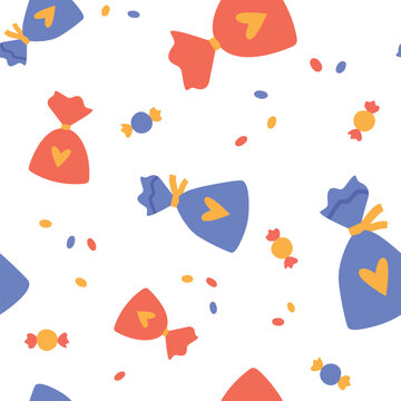 Colorful Seamless pattern with wrapped candies and sweet treats