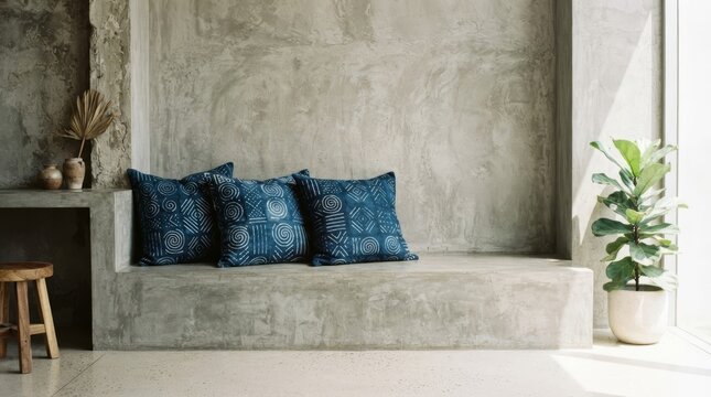 Indigo Adire cushions on concrete bench