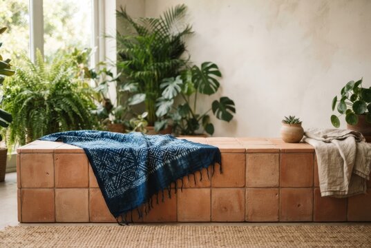 Indigo resist-dyed cloth on terracotta bench
